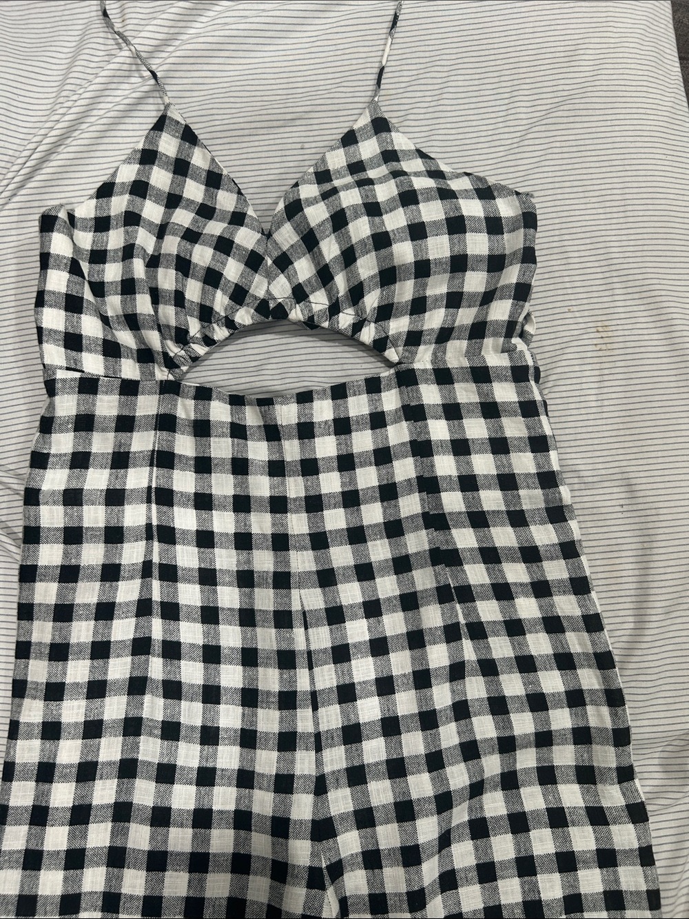 Zara Black & White Gingham Cutout Halter Jumpsuit